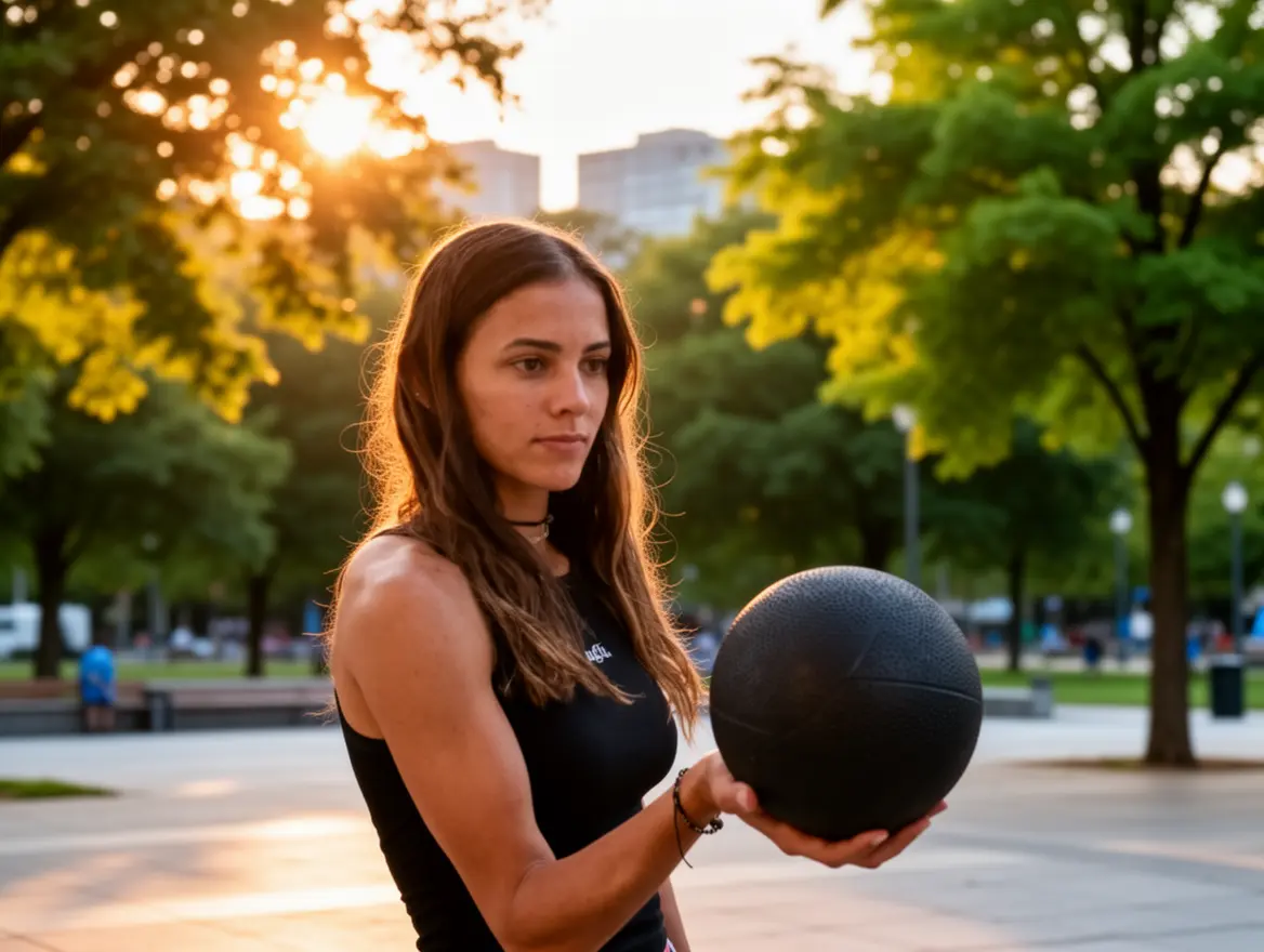 La entrenadora Flor sostiene una pelota medicinal durante una sesión de clases fitness al aire libre en un parque.