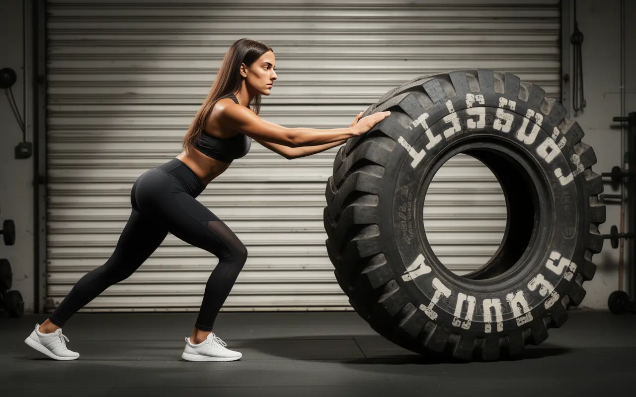 Flor, entrenadora de fitness, realizando un ejercicio de levantamiento de neumático en un gimnasio.